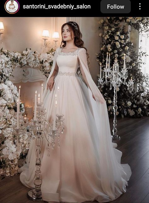 Wedding Dresses Three Quarter Sleeves, Korean Indian Wedding, Pakistan Wedding Dress, Formal Wedding Gown, Korean Wedding Dress, Bride Dress Simple, Long Cape, Wedding Dress Fabrics, Cape Sleeves