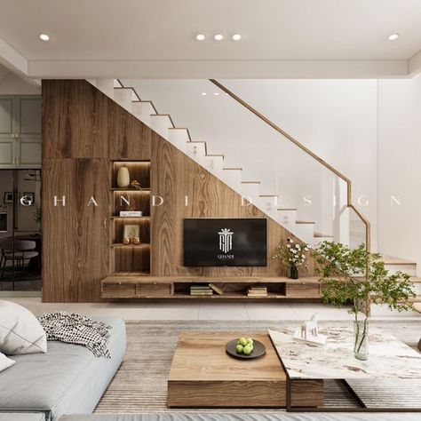 Tv Wall On Staircase, Tv Infront Of Stairs, Sofa Under Stairs Living Room, Stairs In The Living Room, Tv Wall Design Under Staircase, Understairs Tv Unit Living Rooms, Tv Under Stairs Living Room, Living Room With Staircase, Living Room Under Stairs