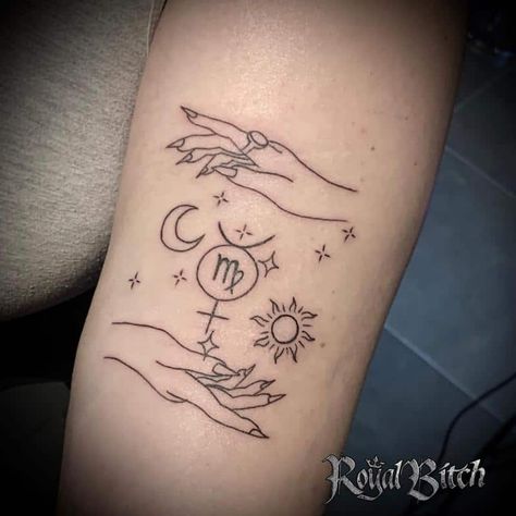 Virgo Constellation 2 Witchy Virgo Tattoo, Virgo Rising Tattoo, Tattoo Ideas Female Virgo, Virgo Earth Tattoo, Virgo Hand Tattoos For Women, Virgo Sign Tattoos For Women, Virgo Astrology Tattoo, Astrology Tattoo Virgo, Virgo Maiden Tattoo