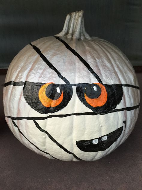 Painted mummy pumpkin. For Dan Schantz Farm Painting Pumpkin Ideas Halloween, Painted Mummy Pumpkin, Mummy Painted Pumpkin, White Pumpkin Ideas Painting, Pumpkin Painting Ideas Mummy, Video Game Pumpkin Painting, Styrofoam Pumpkin Decorating, Cute Pumpkin Contest Ideas, Book Characters For Pumpkins