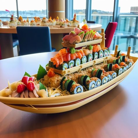 Sushi Presentation, Sushi Boat, Sushi Menu, Sleepover Food, Food Design, Premium Photo, 1 Million, Presentation, Stock Photos