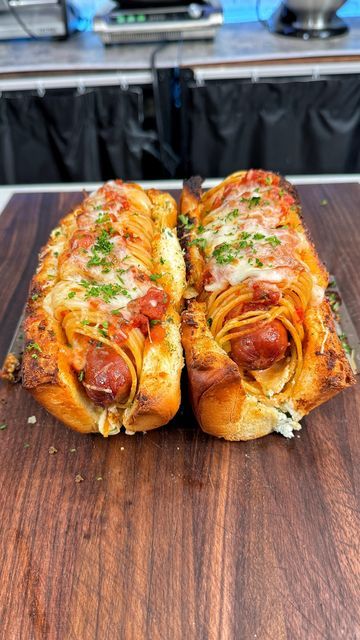 Josh Elkin on Instagram: "Spaghetti Hot Dogs are better than spaghetti, and hot dogs.  INGREDIENTS + RECIPE  2 jumbo hot dogs 8oz spaghetti 1/2 cup marinara 1 cup grated mozzarella cheese 1/4 grated parm  RICOTTA SPREAD 1/2 cup ricotta cheese 1/4 cup ground pecorino romano 2 tbsp chopped parsley  GARLIC BUTTER SPREAD 1/2 cup melted garlic butter 1/4 cup ground parmesan cheese 2 tbsp chopped parsley for garnish" Garlic Bread Hot Dogs, Jumbo Hot Dogs, Hot Dog Spaghetti Recipes, Hot Dogs And Spaghetti, Spaghetti With Hot Dogs Pasta, Spaghetti Hotdogs, Mac And Cheese With Hot Dogs Recipe, Spaghetti Hot Dogs, Fancy Hot Dogs