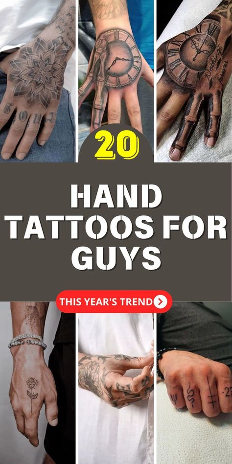 Hand tattoos are a form of body art where a tattoo design is inked onto the skin of the hand. These tattoos can vary in size, style, and placement and... Mens Sticker Sleeve Tattoo Ideas, Swedish Tattoo Ideas Men, Hand Tattoos Men Ideas, Top Of Hand Tattoos Men, Men S Hand Tattoo, Tattoo Ideas For Men Aesthetic, Coolest Tattoos Men, Creative Hand Tattoos, Simple Male Tattoo