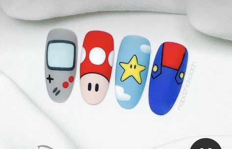 Mario Nail Designs, Mario Nails Art, Nail Art Designs Cartoon, Pop Art Nails Designs Simple, Cartoon Nails Design, Cartoon Pop Art Nails, Cartoon Nails Disney, Nail Designs Cartoon, Cartoon Nail Ideas