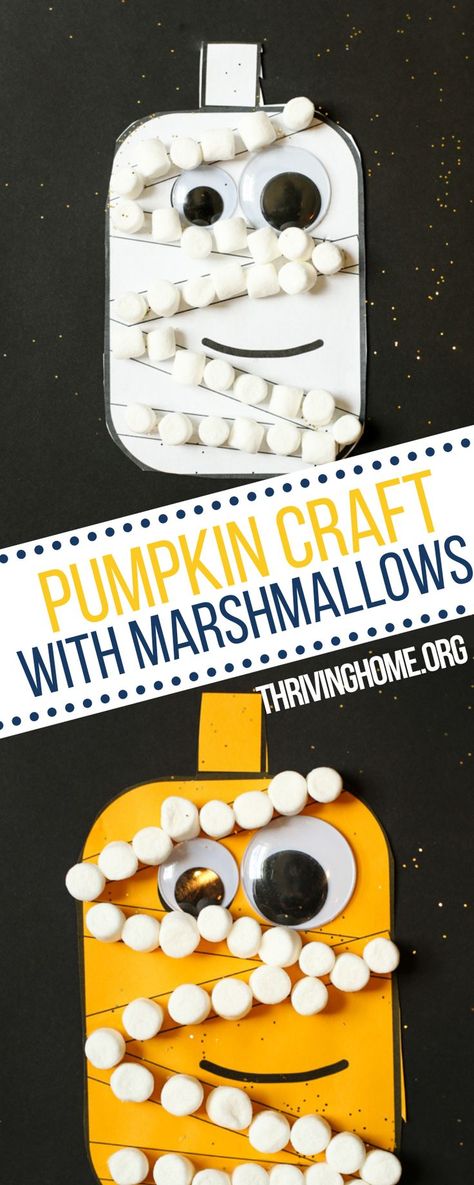 Visit the blog to get the free template and instructions on how to make this Pumpkin Craft with Marshmallows! This easy pumpkin craft is the perfect Halloween craft for little hands. Use the free printable pumpkin template and let the kids glue their marshmallows to make a “mummy pumpkin” on paper. Just keep an eye on how many marshmallows actually make it to the craft! Printable Pumpkin Template, Easy Pumpkin Craft, Unique Halloween Crafts, Mummy Pumpkin, Pumpkin Mummy, Pumpkin Eyes, Halloween Activities For Toddlers, Mummy Crafts, Marshmallow Crafts