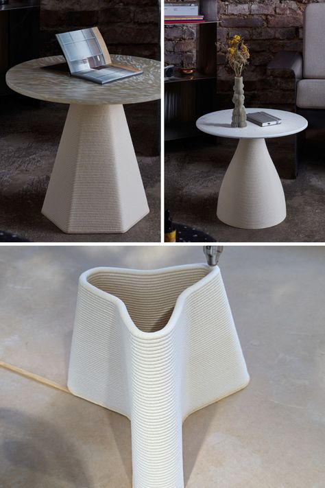 LOOPS, a groundbreaking coffee table collection, redefines 3D printing with sustainable elegance. These tables boast organic, geometric forms created by an innovative 3D printing robot. Crafted from 100% recycled plastics and responsible forestry-based composites, LOOPS exemplifies artistry in sustainable design. #3DPrinting #Innovation #SustainableDesign #Tables #GeometricForms #RecycledPlastics Printed Furniture, 3d Printed Furniture, Geometric Coffee Table, 3d Ideas, Fahrenheit 451, Wooden Architecture, Geometric Forms, Traditional Ceramics, Organic Forms