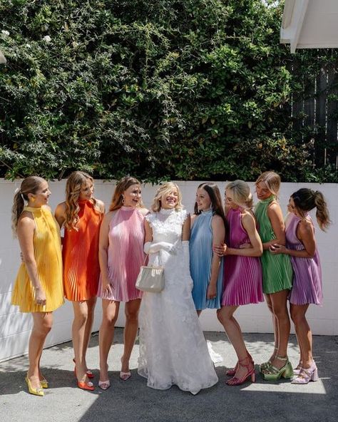 Same Dress Bridesmaids, Different Colour Bridesmaids, Multi Color Bridesmaid Dresses Summer, Bridesmaid Dresses Rainbow, Colourful Bridesmaid Dresses, Bridesmaid Short Dresses, Baby's Breath Bridesmaid Bouquet, Multi Color Bridesmaid Dresses, Multicolor Bridesmaid Dresses