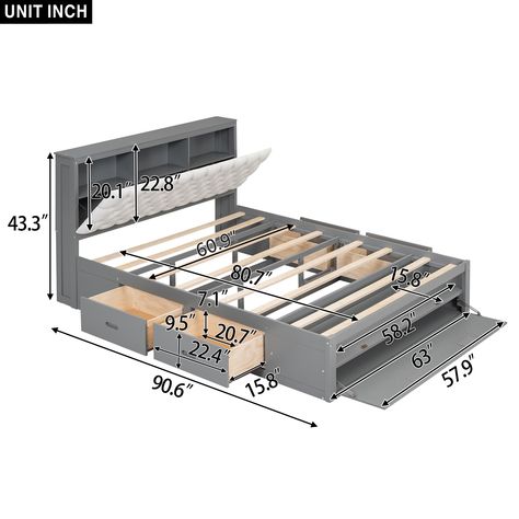 Bed With Storage Headboard, Box Bed Design, Headboard With Shelves, Timber Frame Construction, Storage Headboard, Wooden Platform Bed, Queen Size Platform Bed, Platform Bed With Storage, Wooden Headboard