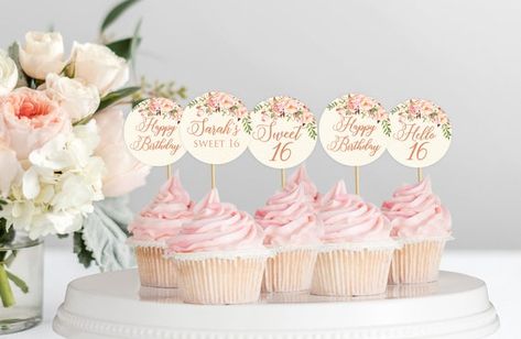 Sweet 16 Cupcake Toppers, Sweet 16 Cupcakes, Happy Sweet 16, Floral Wedding Sign, Baby Shower Menu, 50th Wedding Anniversary Party, Wedding Cupcake Toppers, Birthday Cupcake Toppers, Sweet 16 Decorations