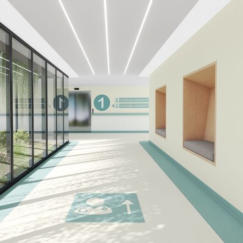 Hospital Design Architecture, Healthcare Interior Design, Modern Hospital, Laboratory Design, Corridor Design, Hospital Architecture, Navigation Design, Healthcare Architecture, Wayfinding Design