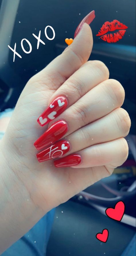 Red Nails With Hearts Valentines, Medium Length Nails Acrylic Coffin Valentines, Valentines Nails Coffin Medium, Valentines Day Nails Xo, Red And Pink Valentines Day Nails, Valentine’s Day Nails Coffin, Red Valentines Nails Acrylic, Red Valentines Day Nails Acrylic, Red Valentines Nails