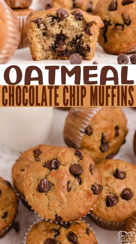 Oatmeal Chocolate Chip Muffins made with oats, buttermilk and lots of chocolate chips! Deliciously soft muffin recipe made completely from scratch. Soft Muffins Recipe, Easy Oatmeal Muffins, Healthy Chocolate Chip Muffins, Oatmeal Cupcakes, Chocolate Chip Muffins Easy, Chocolate Chip Muffins Recipe, Oatmeal Chocolate Chip Muffins, Choc Chip Muffins, Oatmeal Muffin Recipes