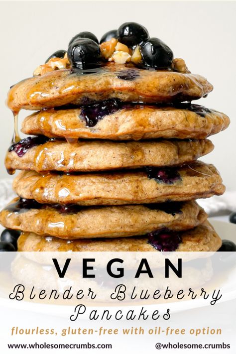 Vegan Blender Blueberry Pancakes [GF] • Wholesome Crumbs Savory Donuts Recipe, Clean Eating For Kids, Plant Based Breakfast Ideas, Plant Based Breakfast Recipes, Wfpb Breakfast, Whole Plant Based, Blender Pancakes, Blueberry Pancakes Recipe, Banana Oat Pancakes