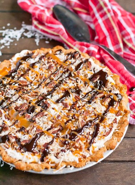 Cheesecake meets pie in this amazing Coconut, Pecan, Turtle Cream Cheese Pie. Pecan Cream Cheese Pie, Cream Cheese Pie Recipes, Best Pecan Pie Recipe, Cheese Pie Recipe, Caramel Pie, Awesome Desserts, Best Pecan Pie, Pecan Cheesecake, Cream Cheese Pie