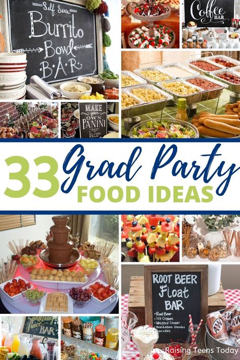 Graduation party planning season is almost here! And, we all know when it comes to planning a great grad party, it's ALL about the food! Whether you're planning a small family gathering, a party with a few friends or a larger scale grad bash, we've rounded up the absolute BEST GRAD PARTY FOOD IDEAS around! #gradpartyfoodideas #graduationpartyfoodideas #graduationpartyideas #gradpartyideas How To Keep Beverages Cold At Party, Foods For Graduation Parties, Graduation Food Bar Ideas, Coffee Bar Graduation Party, Graduation Coffee Bar Party Ideas, College Graduation Food Ideas, Food For Grad Party, Grad Party Food Ideas High Schools, Graduation Open House Food Ideas