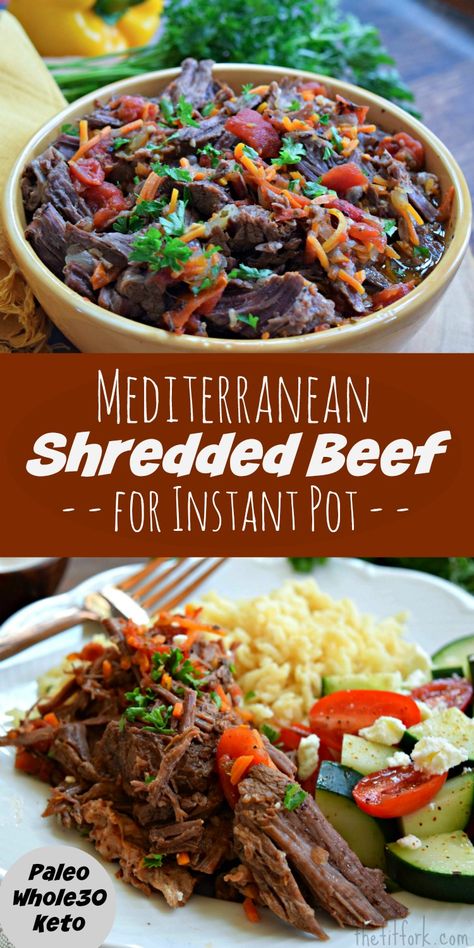 Mediterranean Instant Pot Shredded Beef {Paleo, Keto, Whole30} | thefitfork.com High Protein Diets, Keto Whole 30, High Protein Low Carb Diet, Low Carb High Protein, Quick Healthy Dinner, Low Carb Diets, Shredded Beef, Protein Diets, High Protein Low Carb