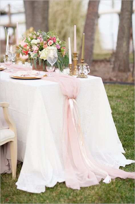 Pink, white, and gold table decor ideas. #reception #weddingdecor #weddingchicks Event Design By: Bella Zu Styling ---> http://www.weddingchicks.com/2014/04/25/table-for-two-romantic-engagement/ Tulle Table Runner Wedding, Bridal Back Drop Ideas, Tule Table Runner, Tulle Table Decorations, Rustic Brunch, Tulle Table Runner, Table Runner Ideas, Mint Table, Garden Gathering