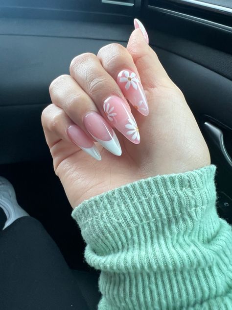 White French Nails Ideas Almond, Spring Nails Long Almond, Short Almond Acrylic Nails Spring French Tip, White Almond Nails With Flowers, Mothers Day Nails Ideas Almond, Spring Birthday Nails Almond, Almond Floral Nails, Easter Almond Nails, French Tip Almond Nails With Design