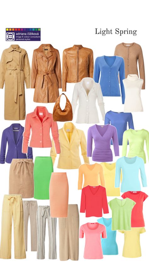 Light Spring Capsule, Warm Spring Color Palette, Light Spring Palette, Light Spring Color Palette, Complexion Colors, Light Spring Colors, Style Analysis, Color Outfits, Spring Palette