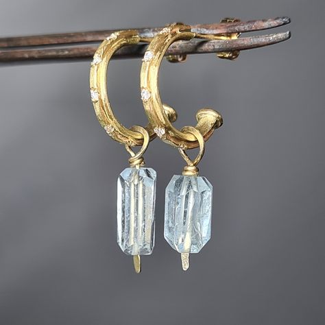 Aquamarine Earrings . Gold and Diamond Hoop Earrings . Textured Gold Hoops . Dangle Earrings . Hoops with Charms . Raw Gems . Artisan https://etsy.me/3eSRuDi #gold #birthday #christmas #circle #geometric #blue #aqu Hoops With Charms, Aquamarine Earrings, Gold Diamond Earrings, Aquamarine Stone, Diamond Hoop Earrings, Birthstone Earring, Precious Gemstones, Circle Earrings, Gold Texture