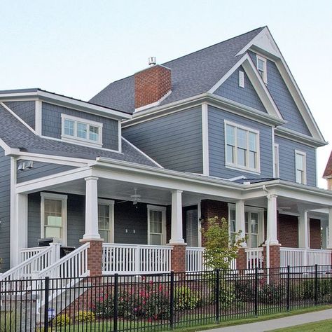 Beautiful Coastal & Blue Exteriors | The Happy Housie Blue Home Exterior, Light Blue Houses, Blue Siding, Coastal Exterior, Hardie Siding, Fiber Cement Siding, Cement Siding, James Hardie, Shingle Exterior