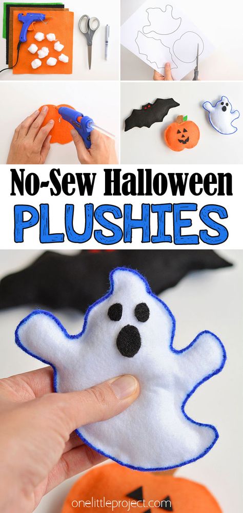 These no-sew Halloween plushies are SO CUTE and they're so simple to make. This is such an easy Halloween craft and a super fun craft for kids. No sewing skills required! Grab the free printable template and make your own ghost, pumpkin and bat plushies. Halloween Bead Crafts For Kids, Diy Halloween Gifts For Kids, No Sew Felt Crafts, Sew Wreath, Bat Plushies, Halloween Plushies, Sew Halloween, Quick Halloween Crafts, Halloween Felt Crafts