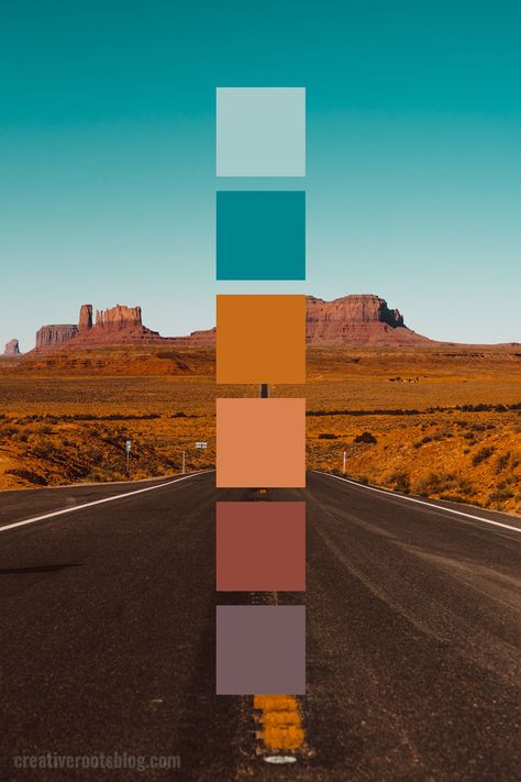 Color palette inspired by a road trip through the desert of Arches National Park. The sun shines bright to create a brilliant teal blue sky and highlight the oranges and yellows of the rocks. Interior design, graphic design, and more can find inspiration and color ideas from this warm desert color palette. Light blue, teal, orange, brown, rust, dusty purple color scheme. Desert Color Palette, House Flipper, Minimalist Dekor, Color Palette Inspiration, Purple Color Schemes, Teal And Orange, Desert Colors, Color Schemes Colour Palettes, Palette Inspiration