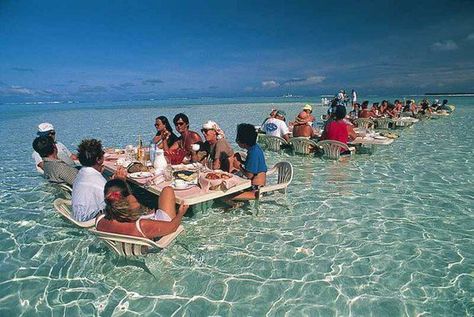 PRESS THIS PIC AND FOLLOW ME ON FACEBOOK!  Restaurant in Bora Bora - Restaurant tables and chairs in shallow ocean water in Bora Bora. جزر المالديف, Future Travel, Vacation Places, Bora Bora, Luxor, Oh The Places Youll Go, Pretty Places, Dream Destinations, Tahiti