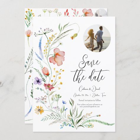 Photo Watercolor Wildflower Elegant Script Wedding Save The Date Wildflower Save The Date With Photo, Wildflower Wedding Decorations, Whimsical Wedding Theme, Safe The Date, Watercolor Wild Flowers, Floral Save The Dates, Date Invitation, Elegant Watercolor, Flower Wedding Invitation