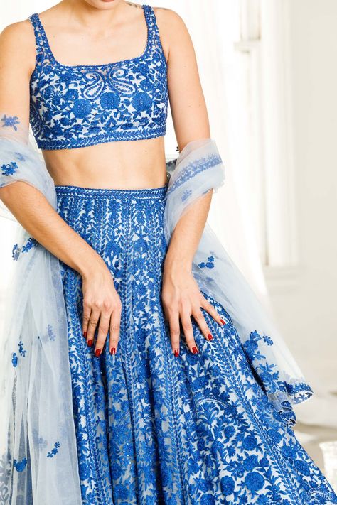 Blue and White Floral Lehenga | KYNAH USA Shaddi Dress, Long Salwar, Garara Dress, Sari India, Indian Things, Pakistani Traditional, Jyotish Astrology, Diwali Outfits, Floral Lehenga