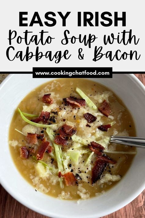 Say hello to this creamy and comforting Irish Potato Soup recipe with cabbage gets rich flavor from bacon, cheddar and Guinness - perfect fro your St. Patrick's Day celebrations! Irish Potato And Cabbage Soup, Irish Potato Cabbage Soup, Irish Bacon Cabbage & Potato Soup, Slow Cooker Irish Bacon Cabbage And Potato Soup, Irish Bacon Cabbage And Potato Soup, Irish Soup Recipes, Potato Cabbage Soup, Cabbage And Potato Soup, Recipe With Cabbage