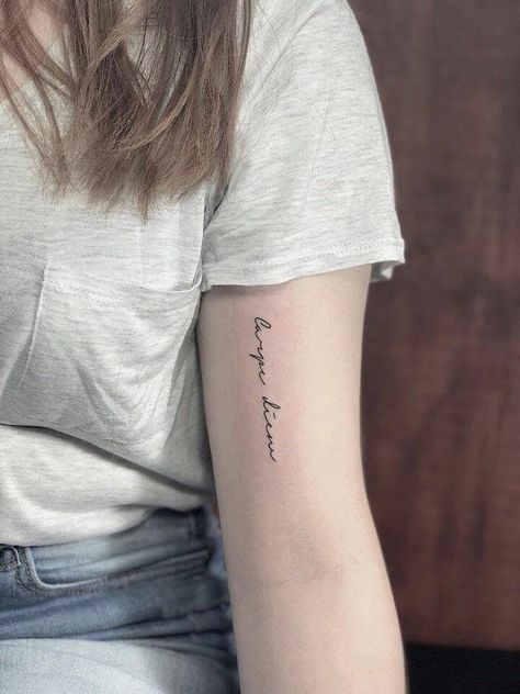 Carpe Diem Tattoo Fonts, Mandala Tattoos For Women, Handwriting Tattoos, Rib Tattoos For Women, Tattoo Placements, Small Quote Tattoos, Small Tattoos With Meaning, Strength Tattoo, Bicep Tattoo