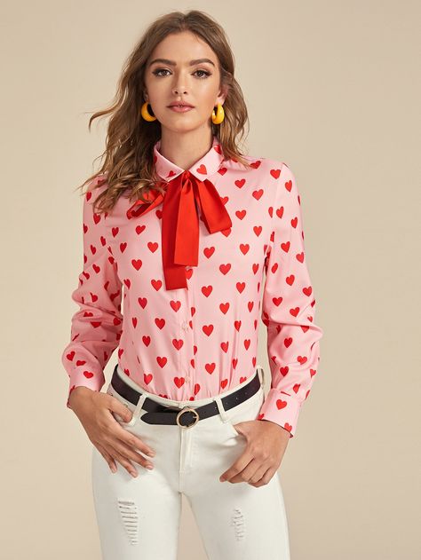 Heart Print Blouse, Heart Blouse, Elegant Color, Tie Neck Blouse, Pink Pattern, Women Blouses, Tie Blouse, Celebrity Outfits, Shein Style