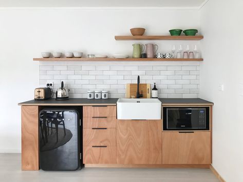 SMALL AND MINIMALISTIC AIRBNB KITCHENETTE — Motide Raglan Airbnb Kitchenette, Sustainable Tiny House, Laminate Benchtop, Drawer Microwave, Studio Kitchenette, Basement Laundry Room Makeover, Kitchenette Design, Basement Kitchenette, Small Kitchenette