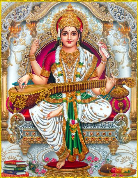 ☀ SARASWATI DEVI ॐ ☀ Shri Narada said: "One should try to keep himself satisfied in any condition of life — whether distress or happiness — which is offered by the supreme will. A person who endures... Vishnu Art, Om Symbol Art, Saraswati Mata, Saraswati Photo, Saraswati Devi, Saraswati Goddess, Lord Krishna Hd Wallpaper, Lord Shiva Family, Kali Goddess