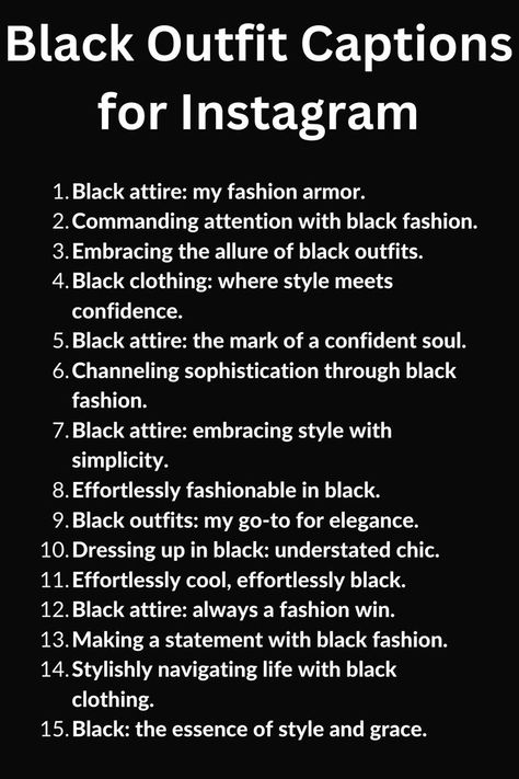 A list of Black Outfit Captions for Instagram Black Colour Quotes, Black And White Captions, Captions For Instagram Photos, Business Hashtags, Outfit Captions, Caption For Instagram, Dress Captions, Dope Captions For Instagram, Looks Quotes