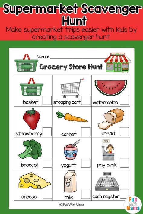 Grocery Store Scavenger Hunt Template. #kidsactivities #kidsscavengerhunt #kidsgames #kidssummeractivities Supermarket Theme Preschool, Grocery Store Activities For Preschool, Grocery Store Preschool Activities, Grocery Store Scavenger Hunt, Store Scavenger Hunt, Kids Grocery Store, Grocery Store Dramatic Play, Preschool Food, Dramatic Play Preschool