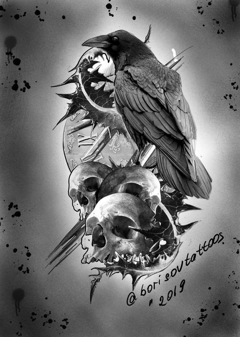 Idea for tattoo . Skulls and raven . @borisovtattoos Raven With Skull Tattoo, Raven Tattoo Ideas For Men, Ravens Tattoo, Roses Tattoos, Tattoo Skulls, Skull Rose Tattoos, Raven And Wolf, Black Ink Art, Stomach Tattoo