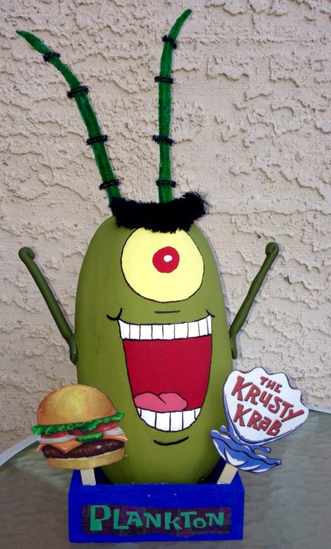 Pumpkin Decorating. Plankton from SpongeBob. Plankton Pumpkin Painting, Pumpkin Decorating Ideas From Books, Sushi Pumpkin Decorating, Pumpkin Palooza Ideas, Sponge Bob Pumpkin, Spongebob Trunk Or Treat Ideas, Gary Pumpkin, Patrick Pumpkin, Pumpkin Painting Contest Ideas