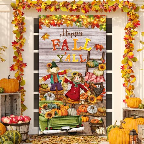 PRICES MAY VARY. 【Package Includes】Package include 1pc of fall Thanksgiving door cover,measuring 180x30cm/70.8X11.8in,It is large enough for party decoration and photography,a pretty Mother's day decoration and gift idea. 【Unique Design】The happy fall y'all banner features a vivid fall harvest as the theme, patterns with big scarecrow, maple leaves, trucks, sunflowers, and pumpkins.The printed "Happy Fall Y'all" are printed , which is childlike and unique. The entire picture is filled with a ple Background Thanksgiving, Porch Party, Scarecrow Pumpkin, Porch Parties, Yard Party, Teachers Lounge, Door Cover, Pumpkin Fall, Happy Fall Y'all