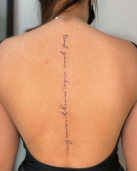 Inked & Inspired: Best Tattoo Ideas for 2023 Delicate Spinal Tattoos For Women, Resilience Back Tattoo, Back Tattoo Quotes Spine, Spine Tattoo With Flowers, Spine Tattoo Quotes Inspiration, Spine Tats Quotes, Tattoo Writing Ideas, Word Spine Tattoos For Women, Christian Spine Tattoos For Women