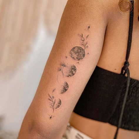 Unique Flower Tattoos For Women, Tricep Tattoos, Unique Half Sleeve Tattoos, 50 Tattoo, Believe Tattoos, Moon Phases Tattoo, Back Of Arm Tattoo, Mommy Tattoos, Tattoos For Women Half Sleeve