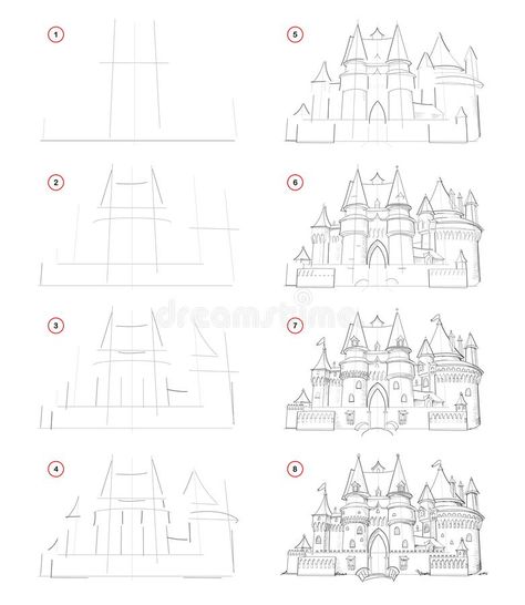 How to draw from nature step by step sketch of medieval French castle. Creation pencil drawing. Educational page for artists. stock illustration Castle Drawing Easy, Castle Sketch, Step By Step Sketches, Drawing Dragon, French Castle, Castle Drawing, Car Stock, Nature Sketch, French Castles