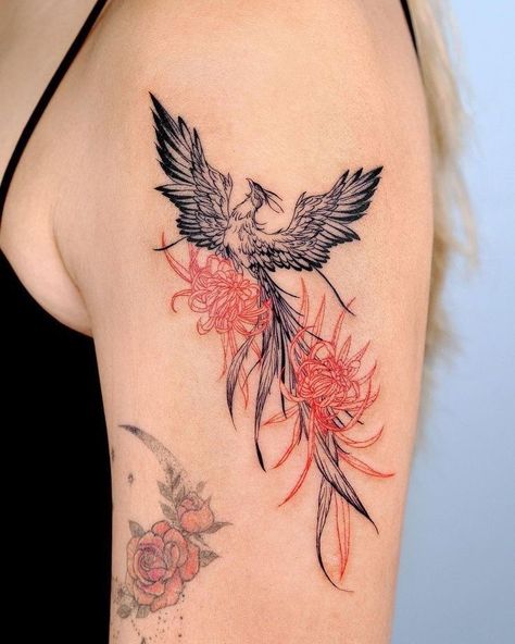 Red Ink Phoenix Tattoo, Black And Red Phoenix Tattoo, Phoenix Tattoo Back Women, Phoenix Tattoo Shoulder, Japanese Phoenix Tattoo Design, Phoenix Flower Tattoo, Red Phoenix Tattoo, Pheonix Tattoo For Women, Phoenix And Flower Tattoo