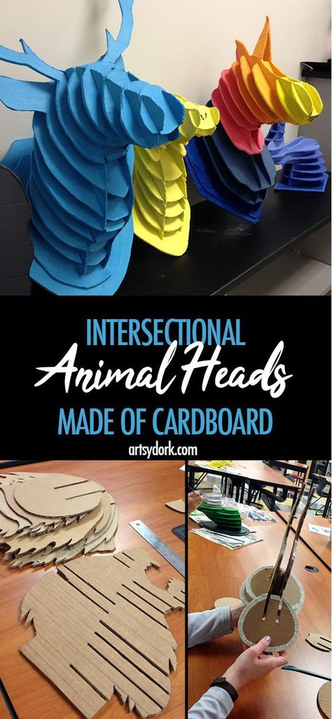 Animal Busts Made Out of Cardboard | Artsy Dork Cardboard Art Projects, 3d Art Projects, Sculpture Art Projects, High School Art Lessons, High School Art Projects, Sculpture Lessons, 8th Grade Art, Middle School Art Projects, Cardboard Sculpture