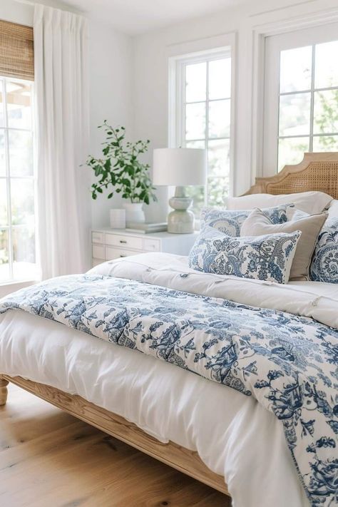 Southern Living Bedroom, Bedroom Ideas Blue, White Guest Bedroom, Modern Coastal Design, Bedroom Moody, Summer Bedroom Decor, Apartment Bedroom Ideas, Baddie Apartment, Summer Bedroom