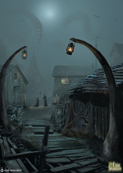 Dark Fantasy City, Fantasy Marketplace, Dark Fantasy Landscape, Creepy Town, Dark Fantasy World, Lovecraft Art, Creature Fantasy, Lovecraftian Horror, Dark World