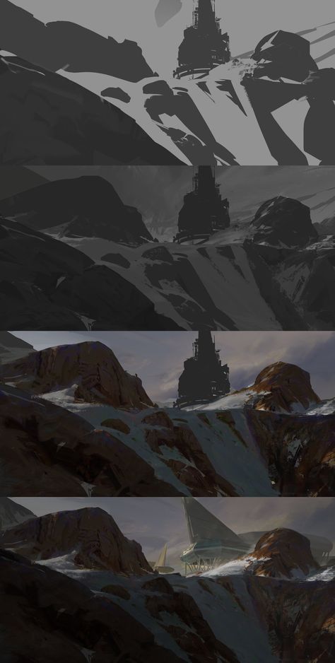 ArtStation - Warm snow + process, Manuel (Du)Pong How To Draw Snow, Snow Drawing, Environment Painting, Concept Art Tutorial, Digital Painting Techniques, Landscape Mountain, Affinity Photo, Landscape Concept, Snow Mountain