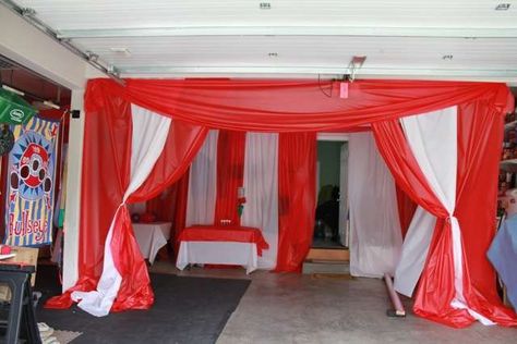 Carnival/Circus Birthday Party Ideas | Photo 13 of 27 Diy Carnival Tent Big Top, Circus Tent Diy Plastic Tablecloth, Carnival Tent Diy Plastic Tablecloth, Diy Big Top Circus Tent, Carnival Tent Diy, Spooky Circus Creepy Carnival, Diy Circus Tent, Carnevil Halloween, Halloween Carnevil