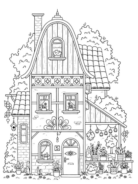 Cottage Outline Drawing, Cottage Core Drawings, Cottage Coloring Pages, Houses Coloring Pages, Joanna Basford Coloring, House Colouring Pages, Spring Coloring Pages, Adult Coloring Designs, Detailed Coloring Pages